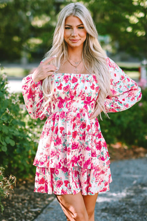 Floral Square Neck Layered Dress -BazaarBey - www.shopbazaarbey.com