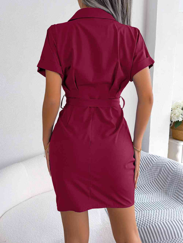 Button Down Ruched Tie Belt Dress -BazaarBey - www.shopbazaarbey.com