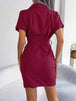 Button Down Ruched Tie Belt Dress -BazaarBey - www.shopbazaarbey.com