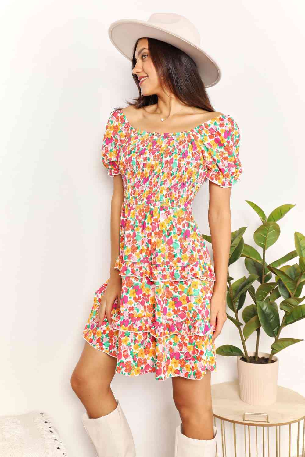  Smocked Sweetheart Neck Flounce Sleeve Mini Dress -BazaarBey - www.shopbazaarbey.com