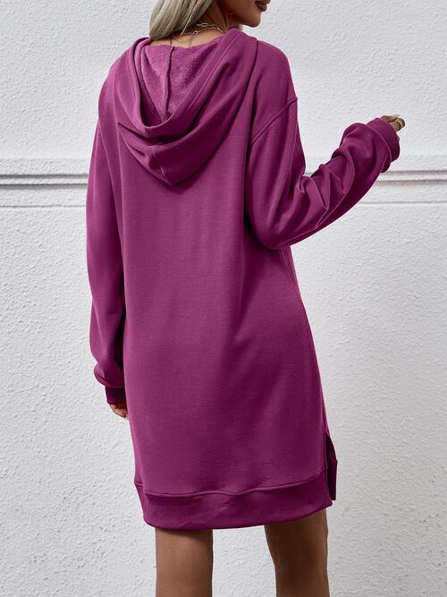 Slit Long Sleeve Hooded Dress with Pocket -BazaarBey - www.shopbazaarbey.com