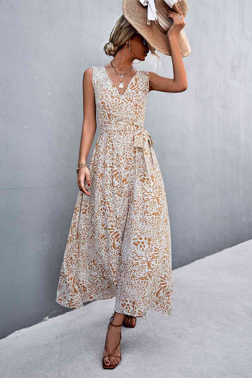 Printed V-Neck Tie Waist Maxi Dress Bazaarbey