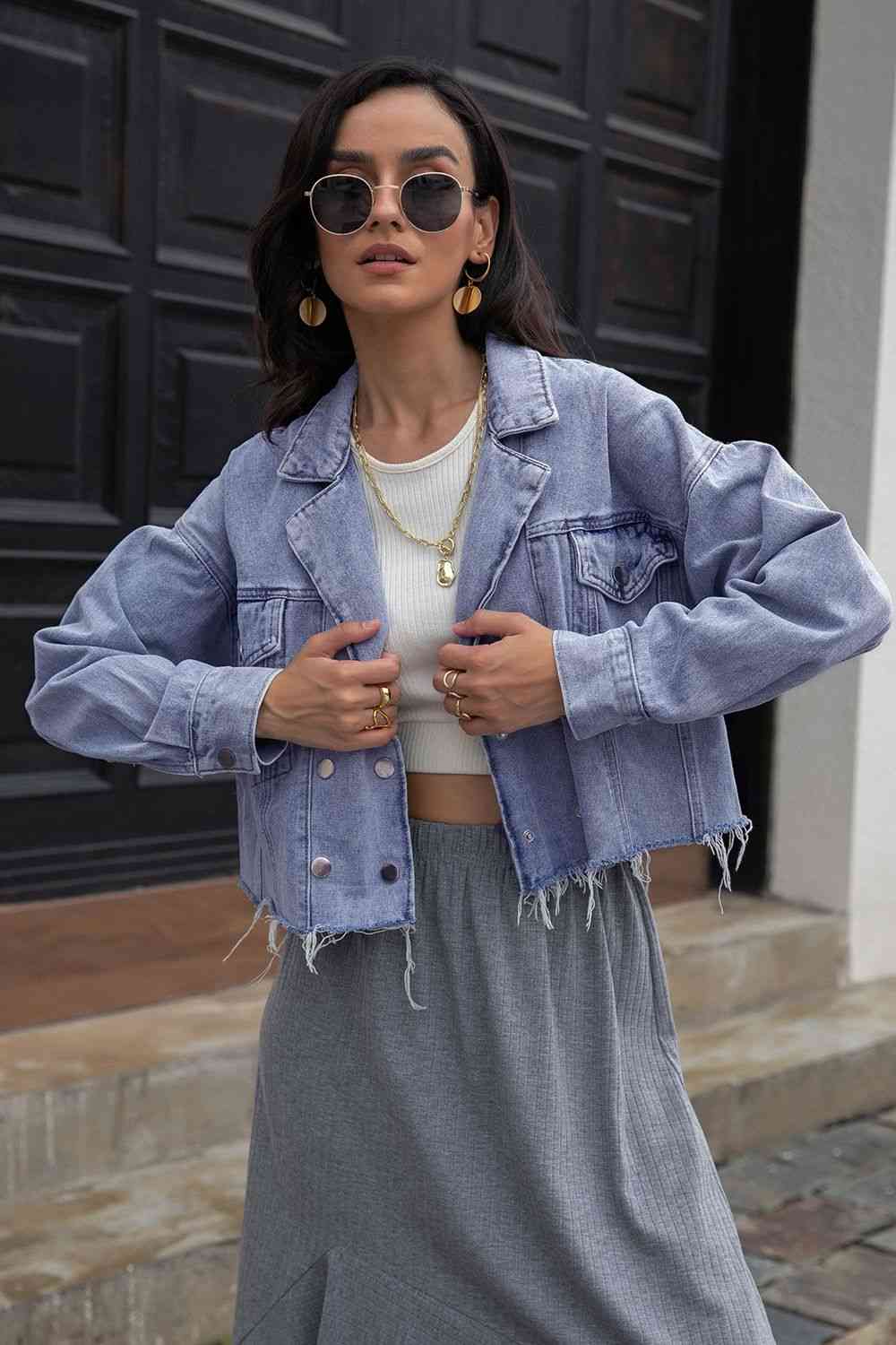 Lapel Collar Long Sleeve Denim Jacket Bazaarbey