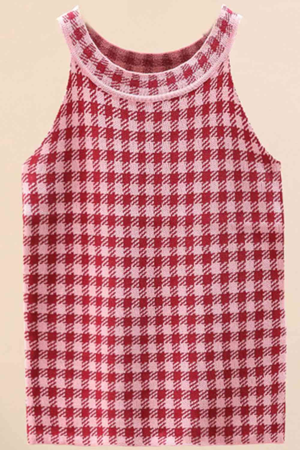 Plaid Round Neck Sleeveless Knit Top Trendsi