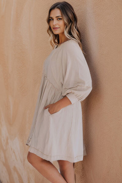 Round Neck Frill Trim Slit Mini Dress -BazaarBey - www.shopbazaarbey.com