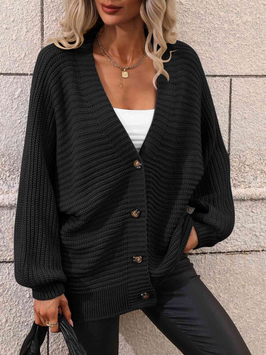  Button Down Horizontal-Ribbing  Cardigan Trendsi
