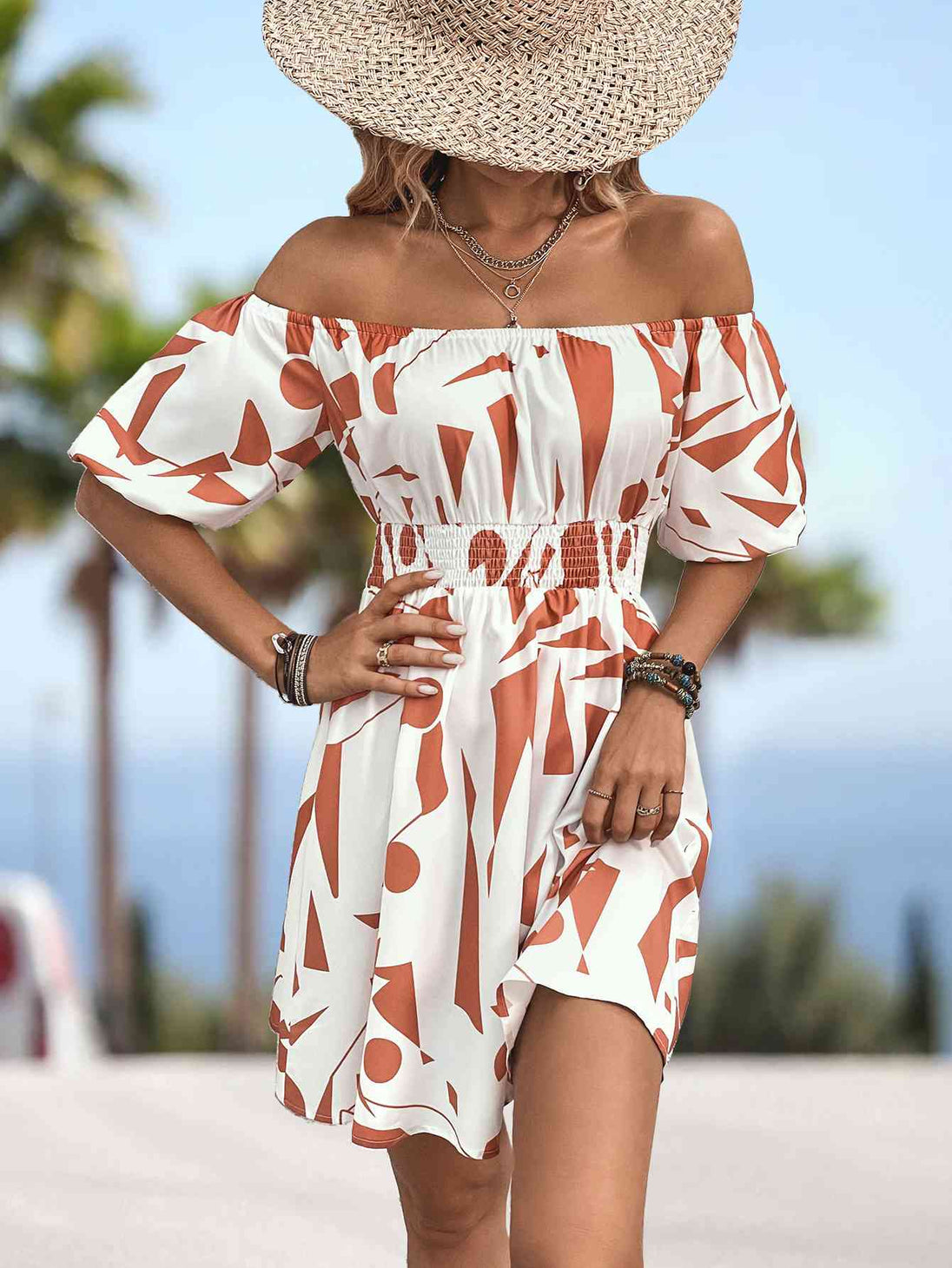 Printed Off-Shoulder Smocked Waist Dress -BazaarBey - www.shopbazaarbey.com