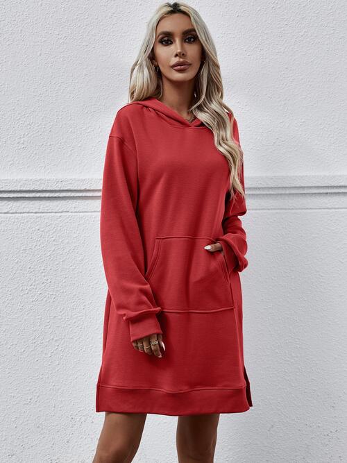 Slit Long Sleeve Hooded Dress with Pocket -BazaarBey - www.shopbazaarbey.com