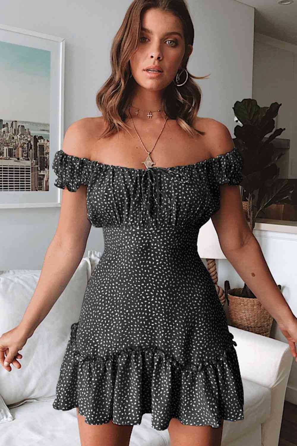 Printed Off-Shoulder Ruffle Hem Dress -BazaarBey - www.shopbazaarbey.com