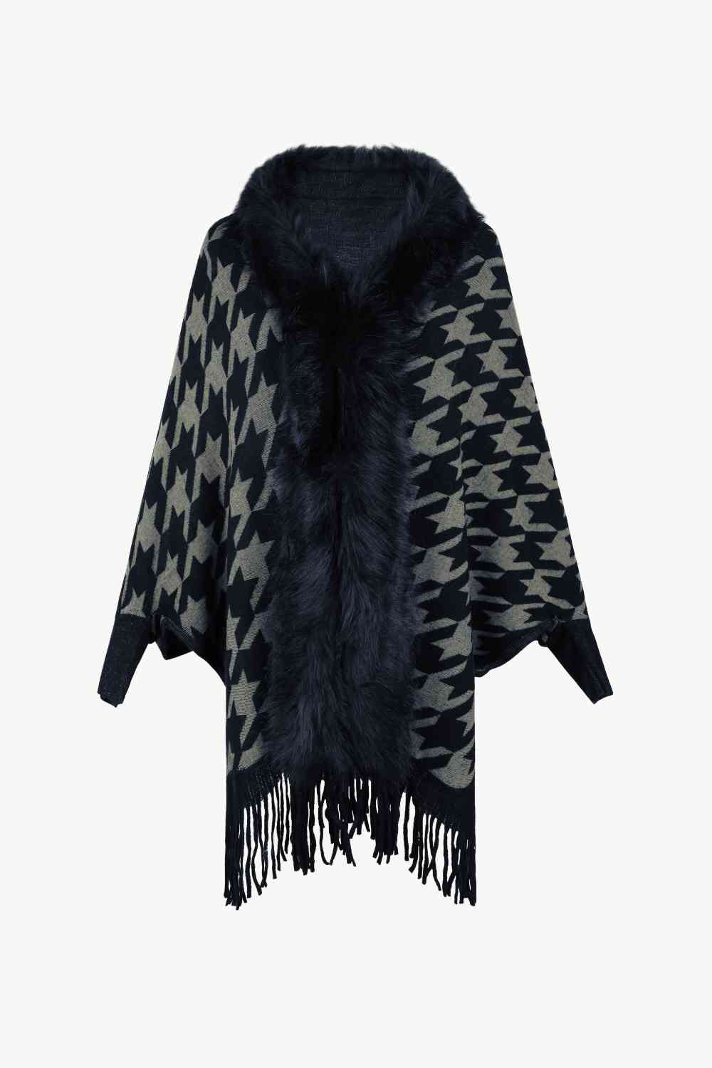 Houndstooth Fringe Hem Poncho Bazaarbey