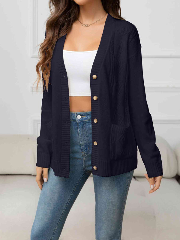 V-Neck Long Sleeve Buttoned Knit Top with Pocket Trendsi