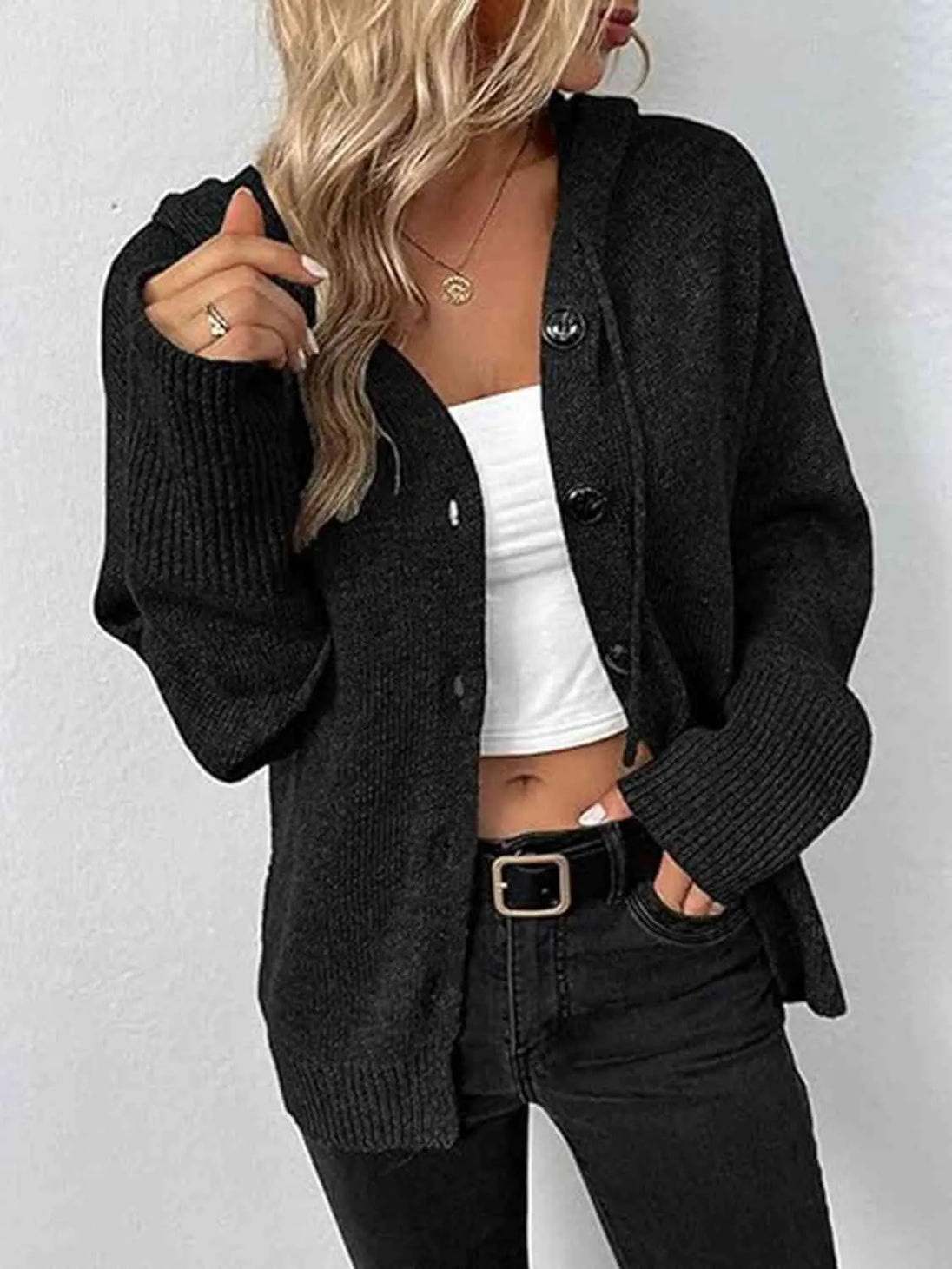 Button Up Drawstring Long Sleeve Hooded Cardigan Bazaarbey