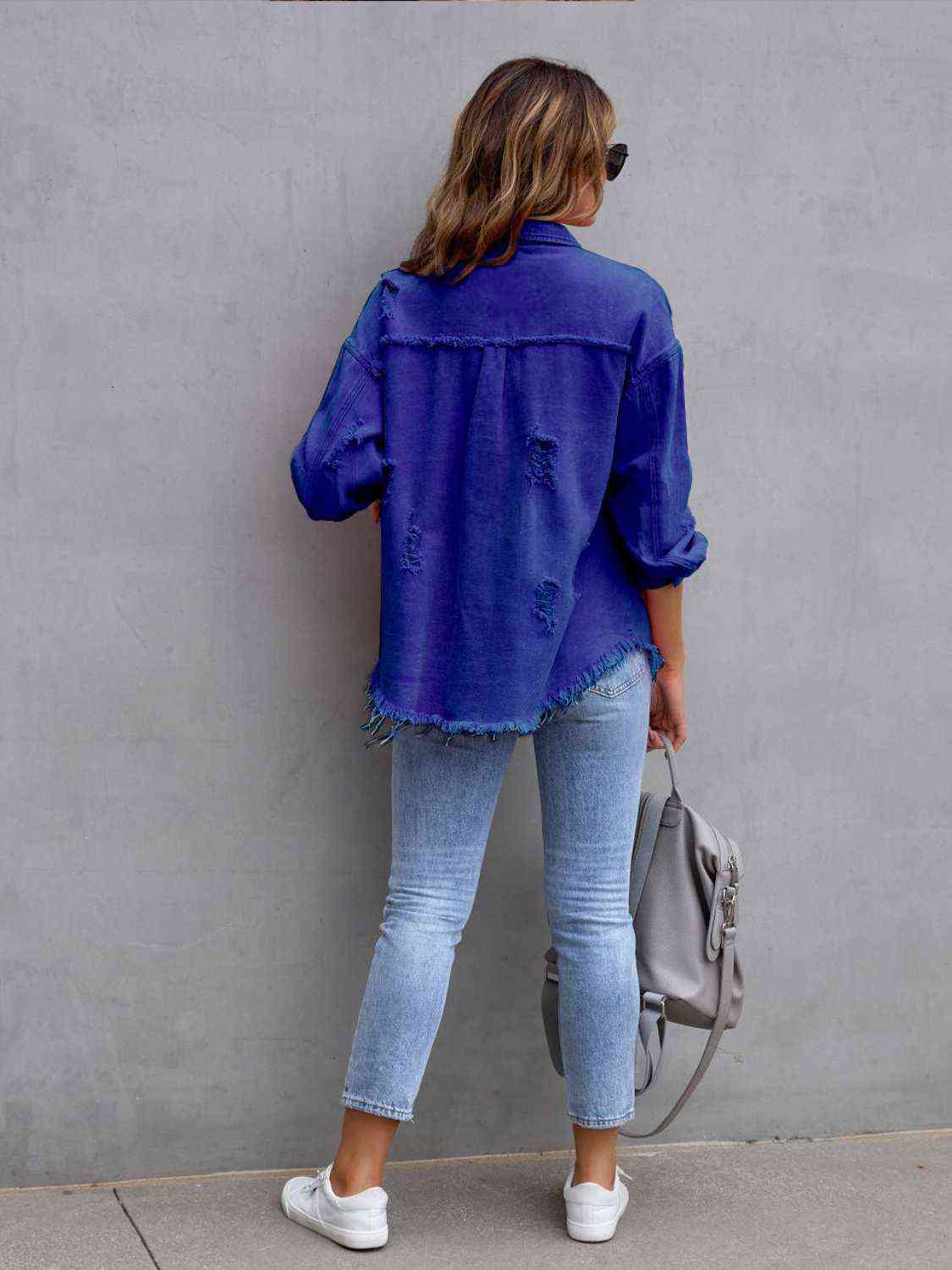Distressed Drop Shoulder Denim Jacket Bazaarbey