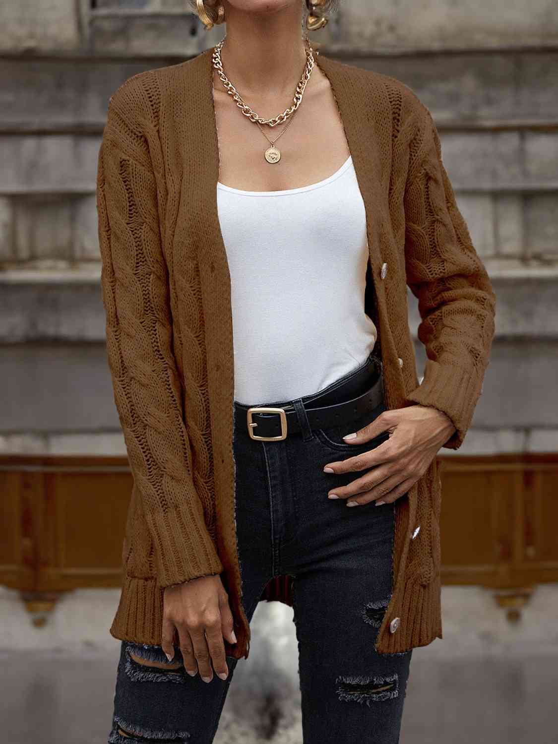 Cable-Knit Button Down Cardigan Bazaarbey