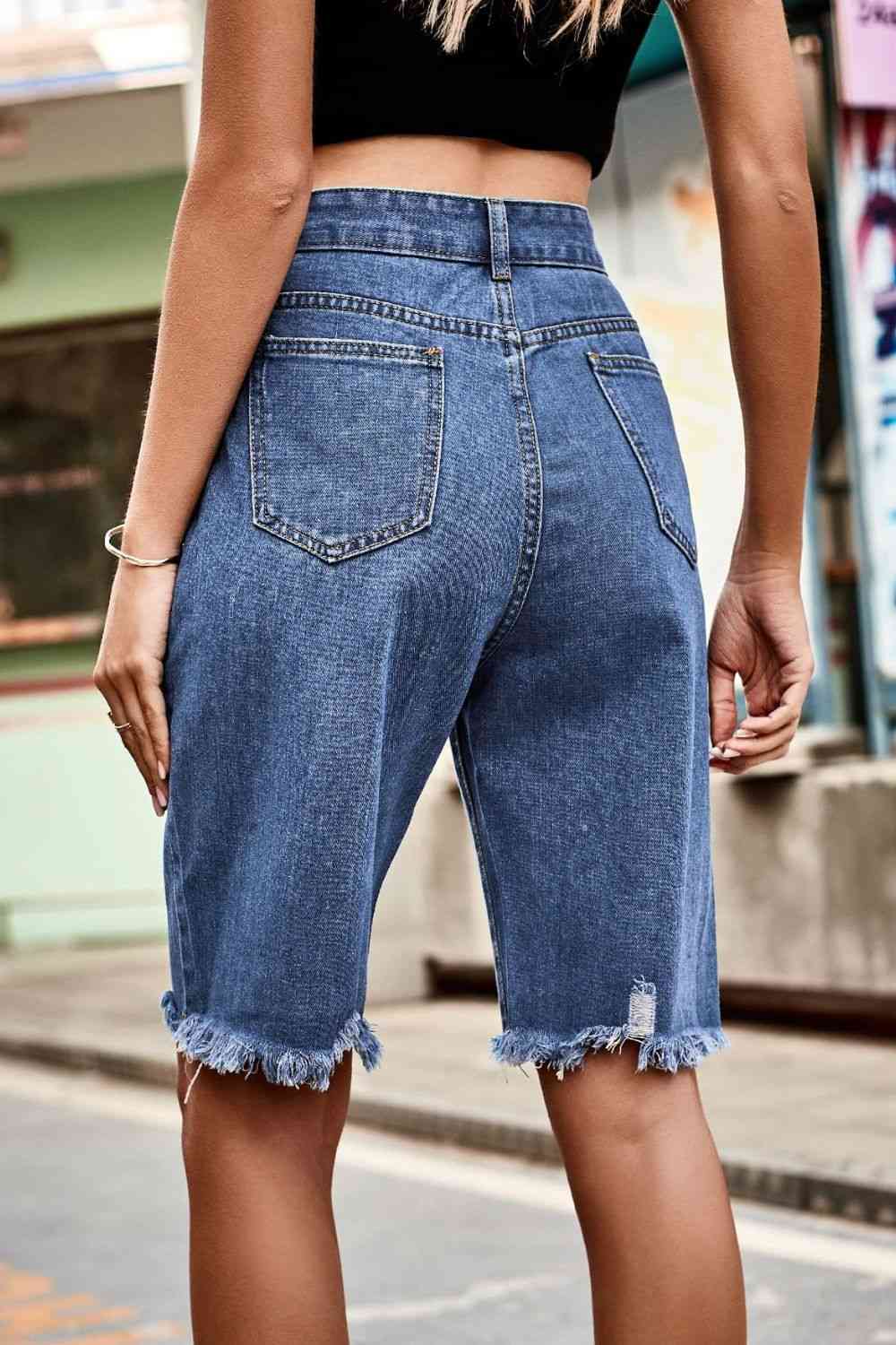 Raw Hem High Waist Denim Shorts with Pockets Bazaarbey
