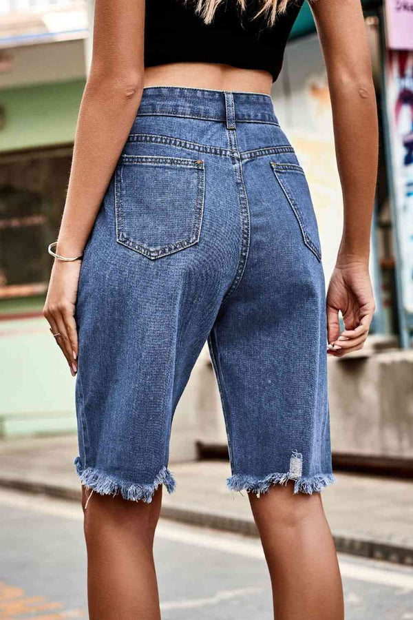 Raw Hem High Waist Denim Shorts with Pockets Bazaarbey
