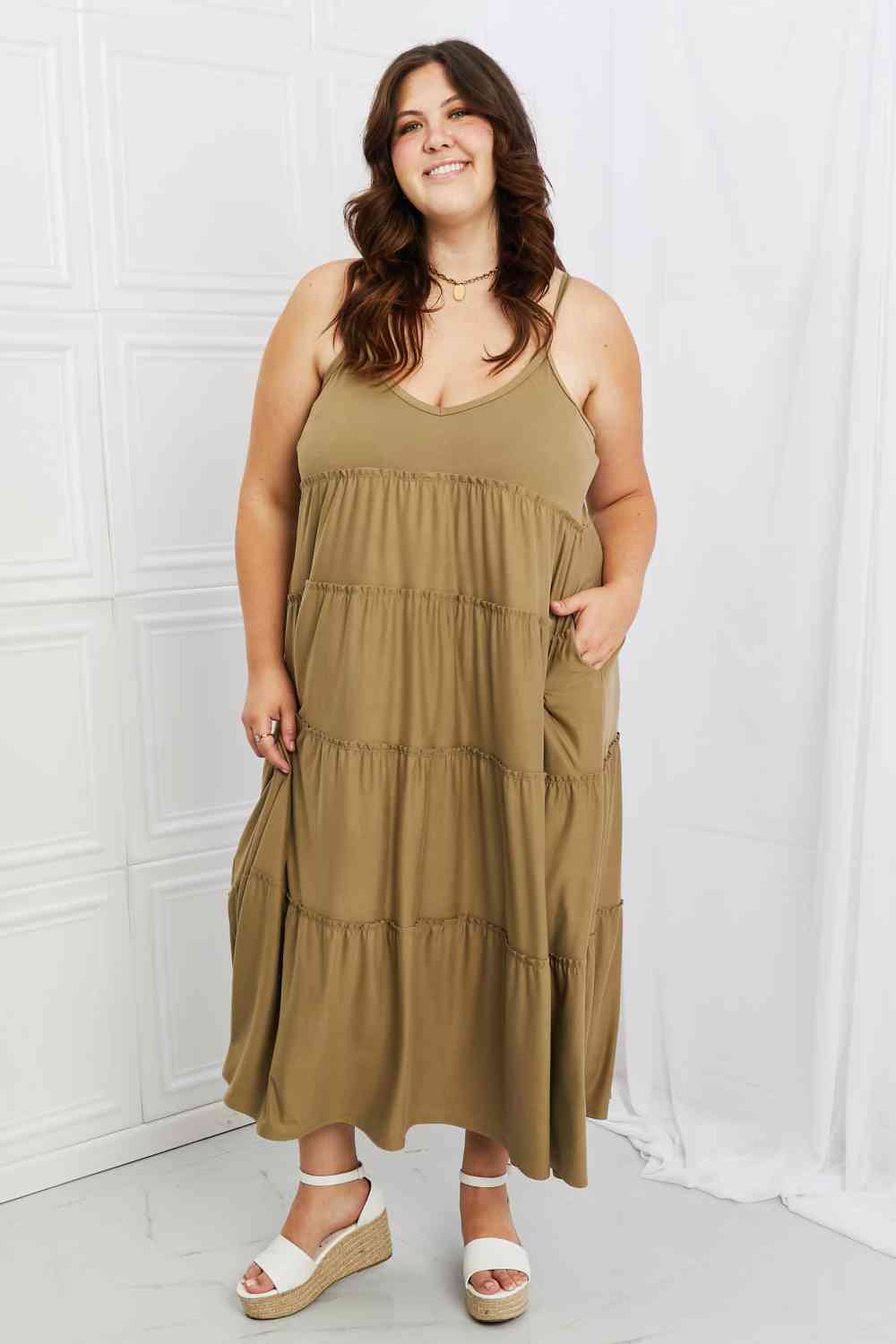 Zenana Full Size Spaghetti Strap Tiered Dress with Pockets in Khaki -BazaarBey - www.shopbazaarbey.com