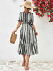 Striped Tie Belt Round Neck Puff Sleeve Dress -BazaarBey - www.shopbazaarbey.com