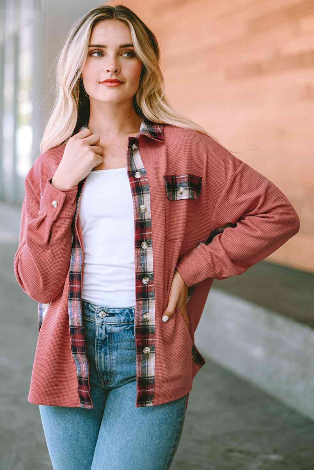 Plaid Button Down Collared Jacket Trendsi