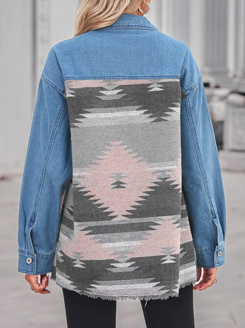 Geometric Raw Hem Button Up Denim Jacket Bazaarbey