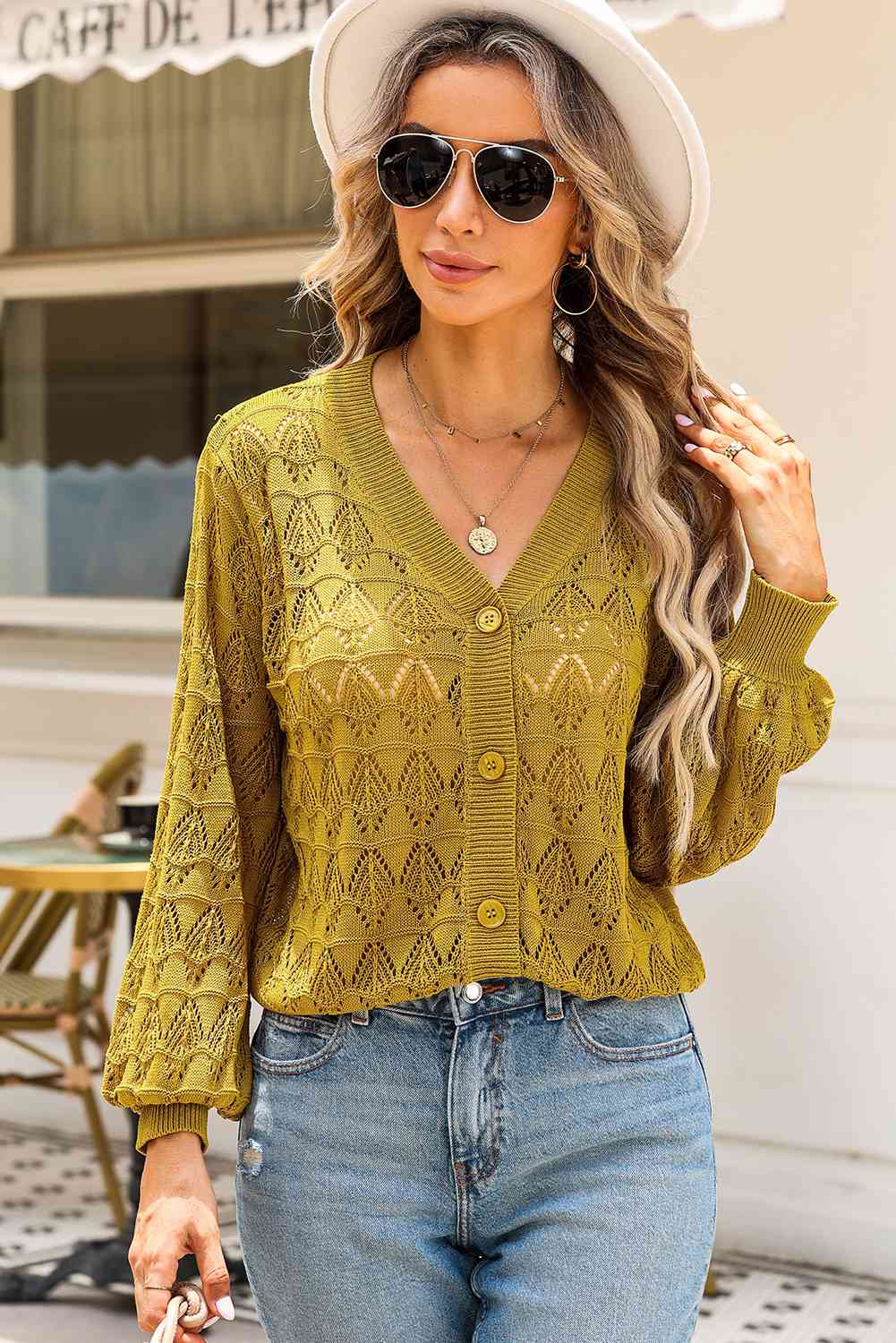 Openwork V-Neck Cardigan Bazaarbey