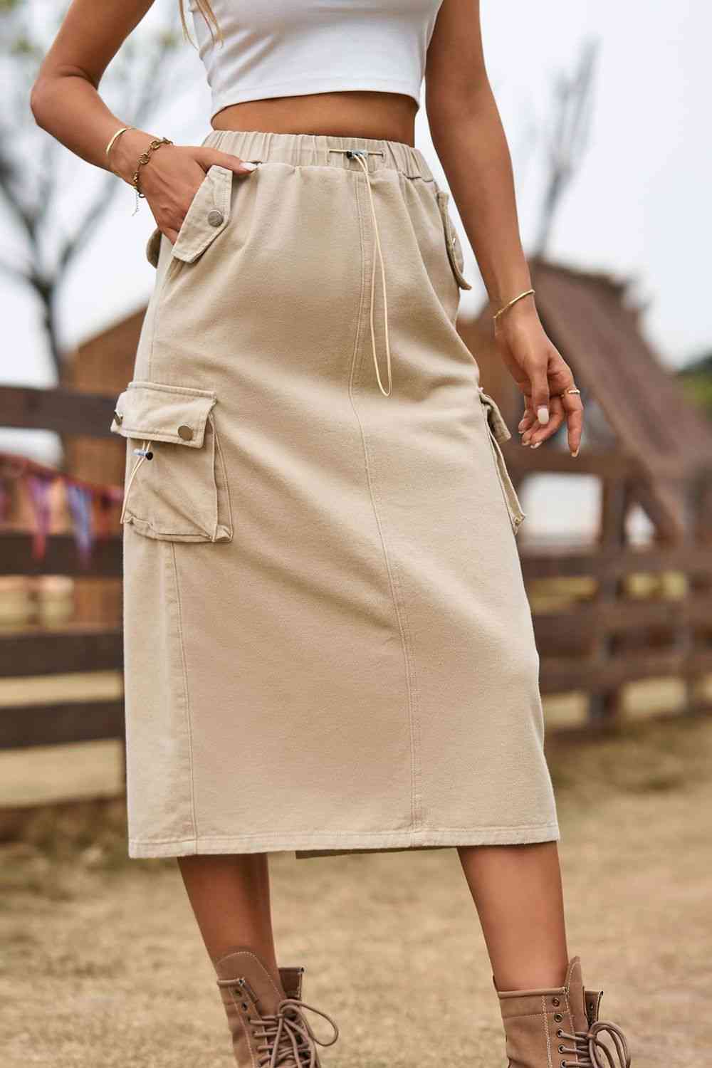 Drawstring Waist Slit Denim Skirt Bazaarbey