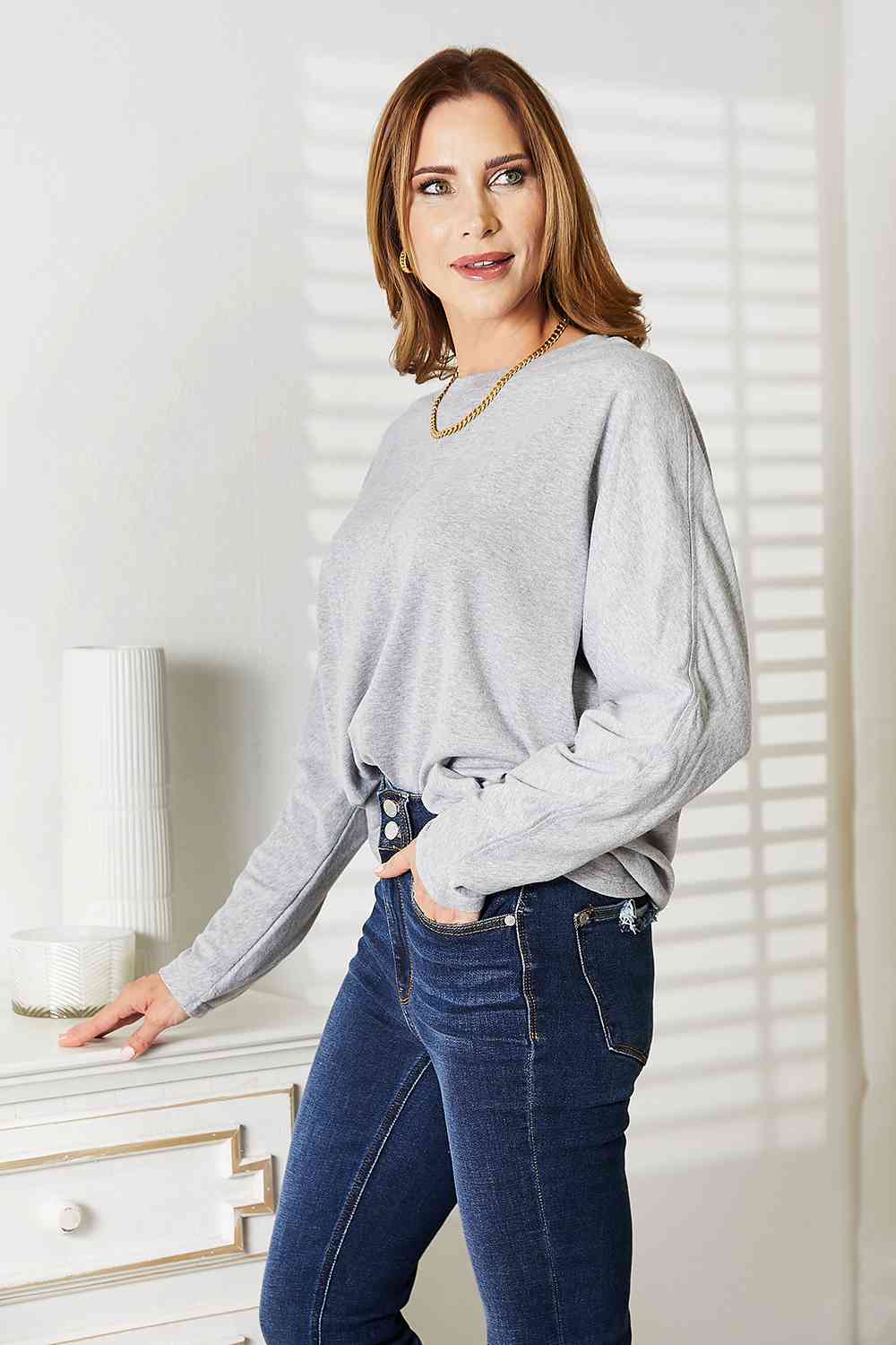  Seam Detail Round Neck Long Sleeve Top Trendsi