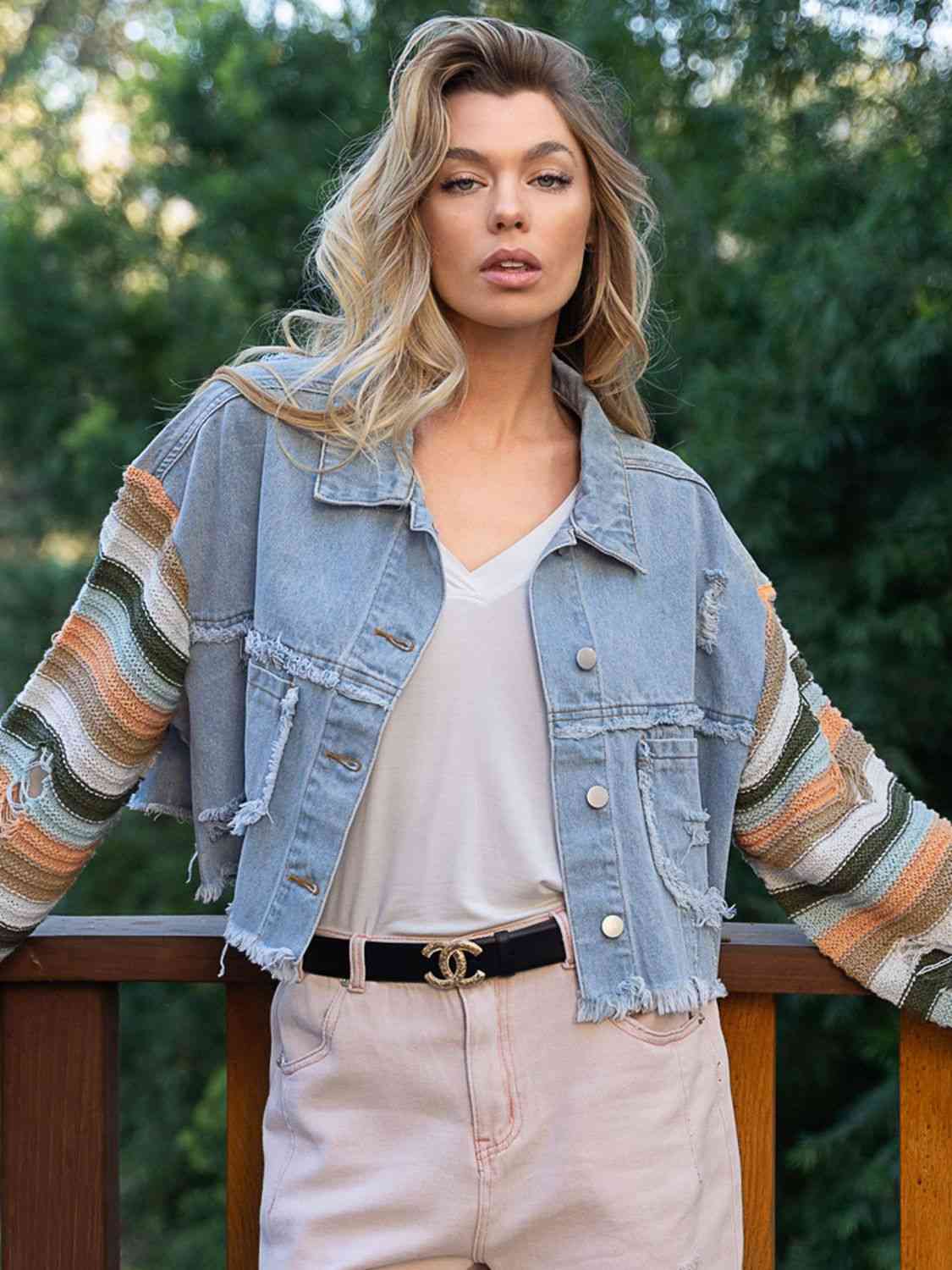 Distressed Striped Long Sleeve Denim Jacket Bazaarbey
