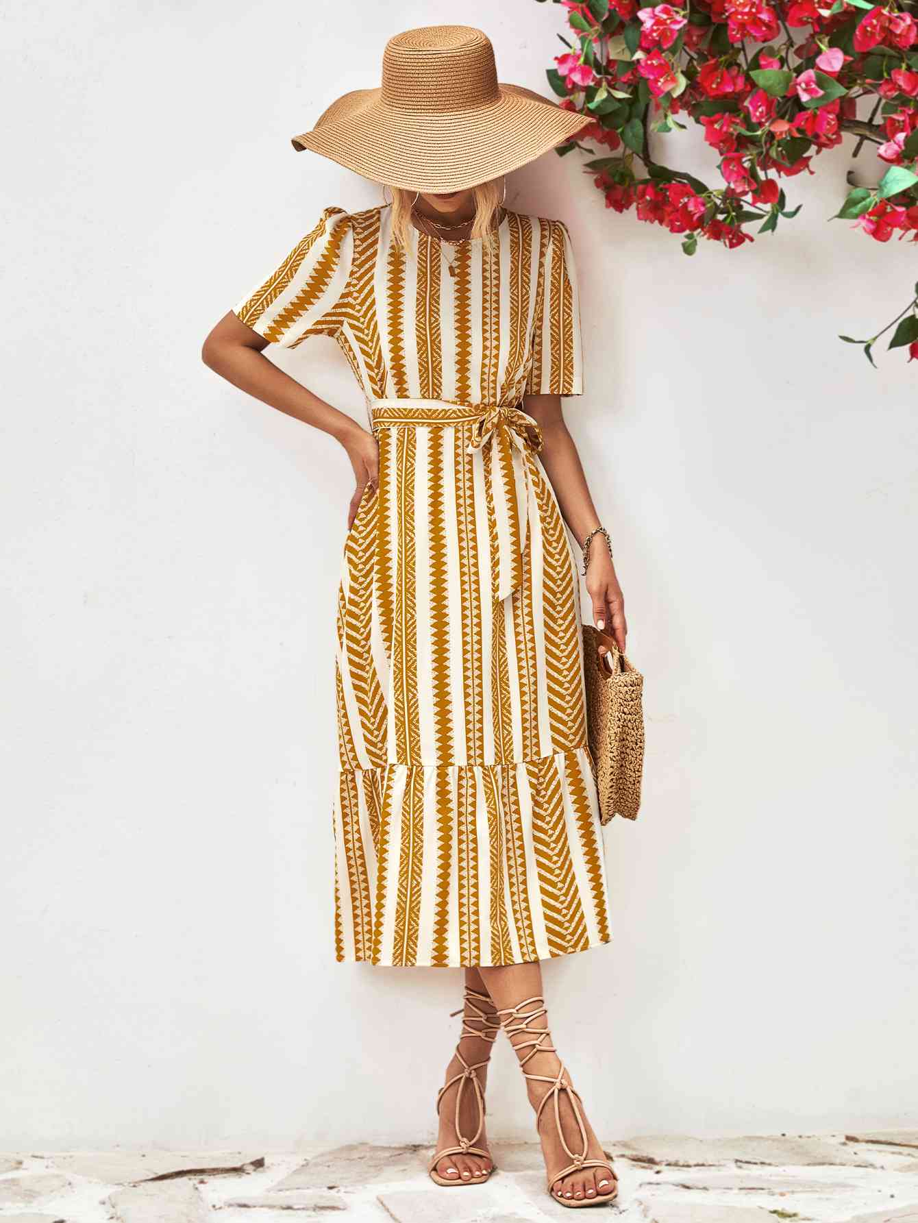 Striped Tie Belt Round Neck Puff Sleeve Dress -BazaarBey - www.shopbazaarbey.com