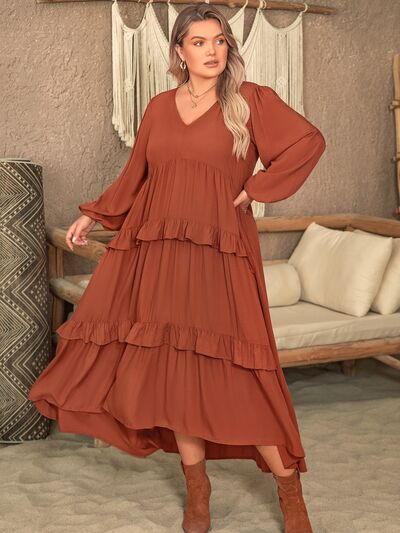 Plus Size Ruffled V-Neck Balloon Sleeve Dress -BazaarBey - www.shopbazaarbey.com