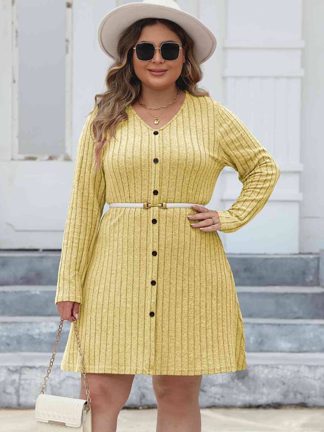 Plus Size Ribbed Buttoned V-Neck Long Sleeve Dress -BazaarBey - www.shopbazaarbey.com