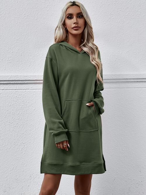 Slit Long Sleeve Hooded Dress with Pocket -BazaarBey - www.shopbazaarbey.com