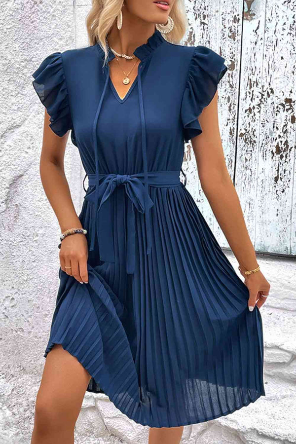 Tie Neck Belted Pleated Dress -BazaarBey - www.shopbazaarbey.com