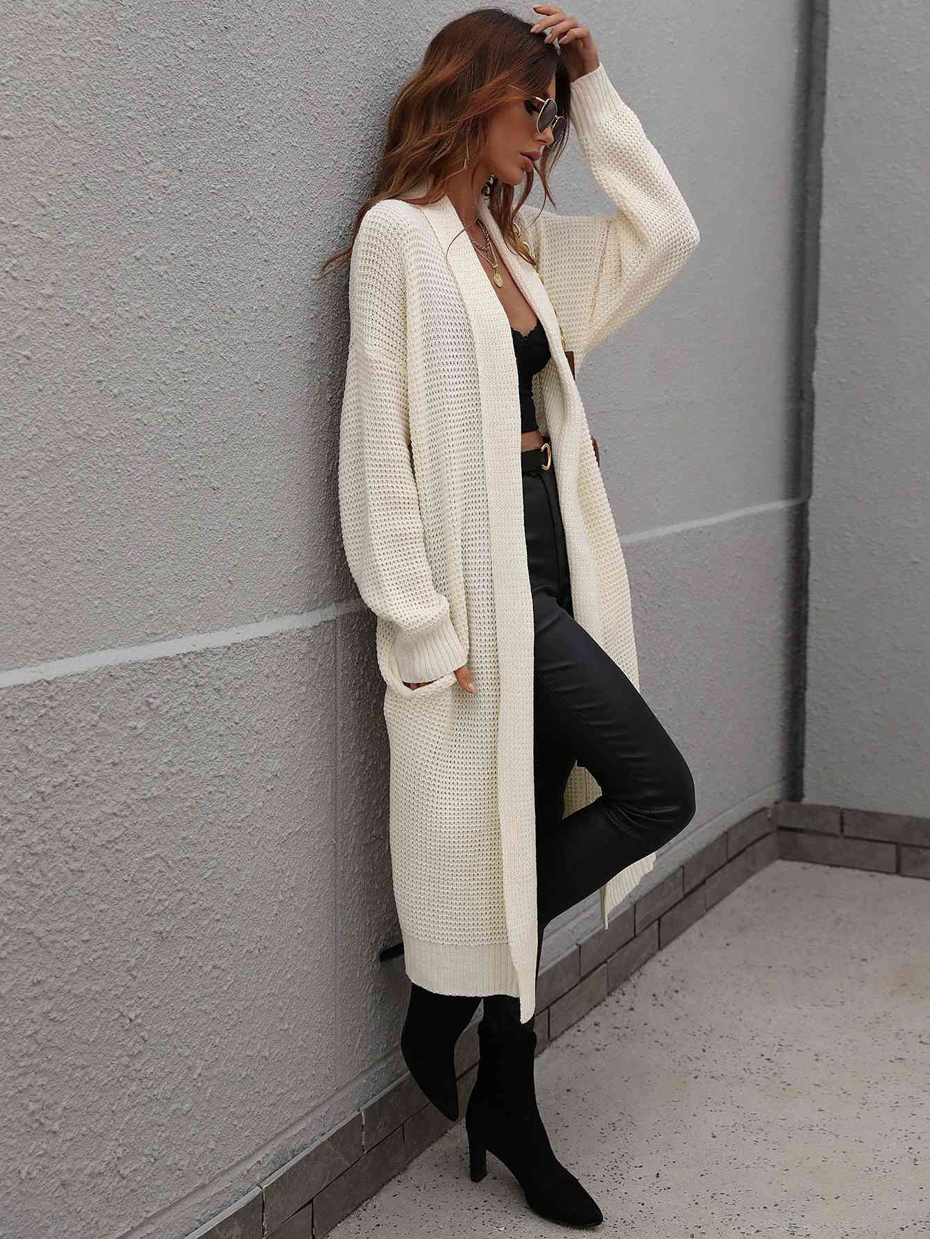  Waffle Knit  Duster Cardigan With Pockets Trendsi