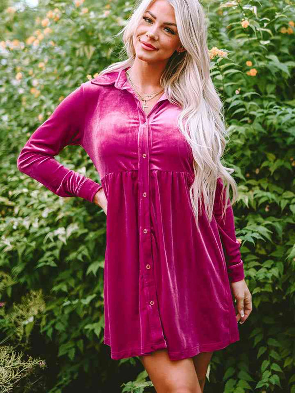 Collared Neck Buttoned Mini Dress -BazaarBey - www.shopbazaarbey.com