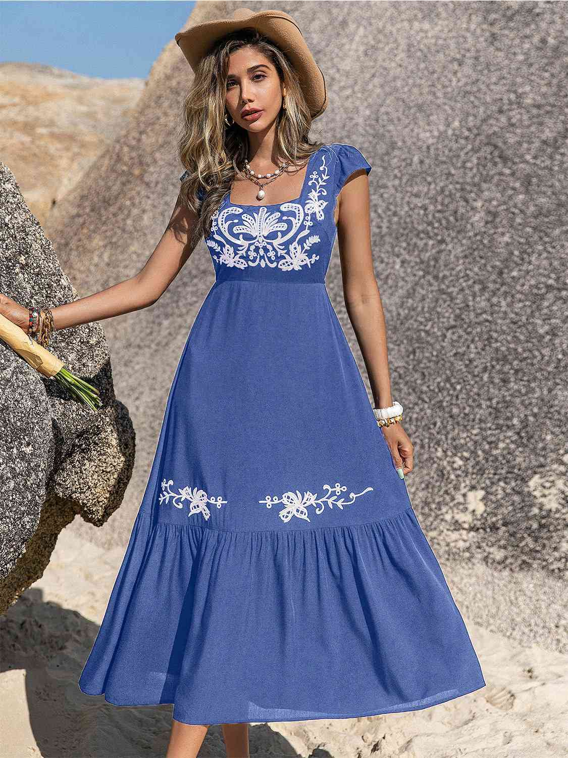 Embroidered Square Neck Ruffle Hem Dress -BazaarBey - www.shopbazaarbey.com