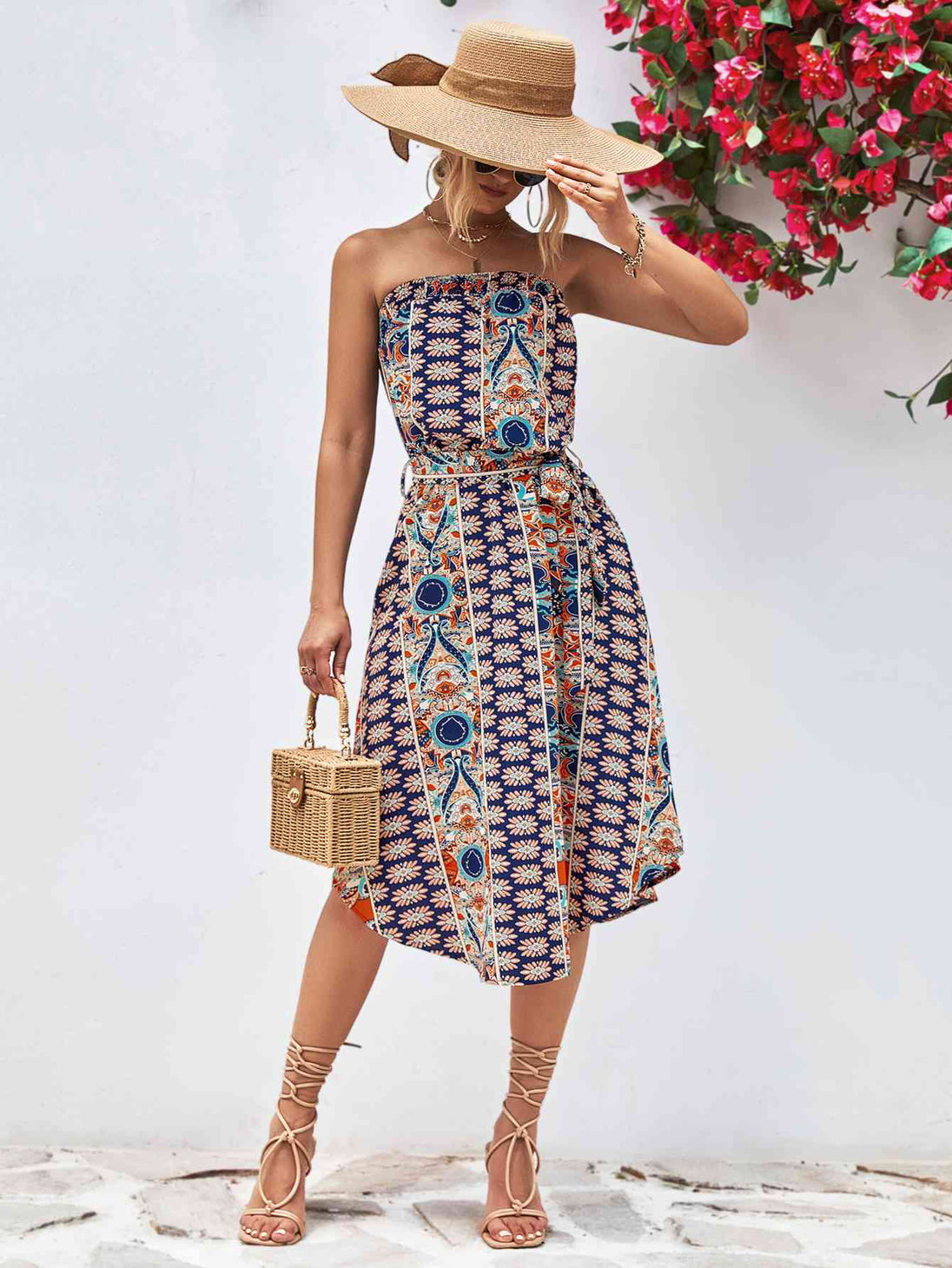 Printed Strapless Tie Belt Dress -BazaarBey - www.shopbazaarbey.com