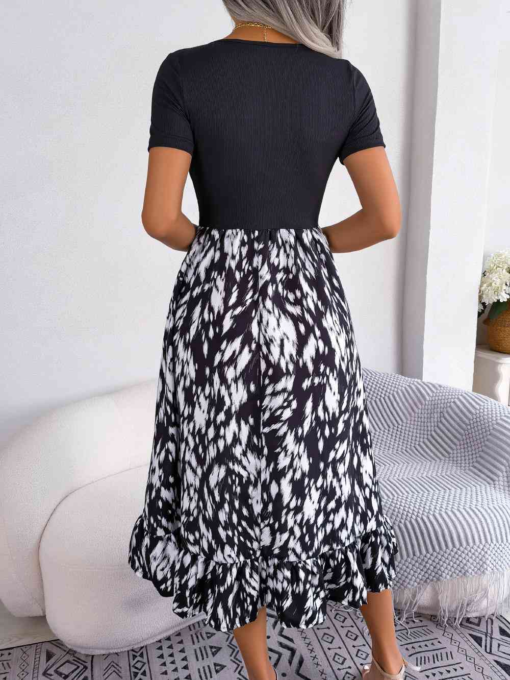 Printed Round Neck Ruffle Hem Dress -BazaarBey - www.shopbazaarbey.com