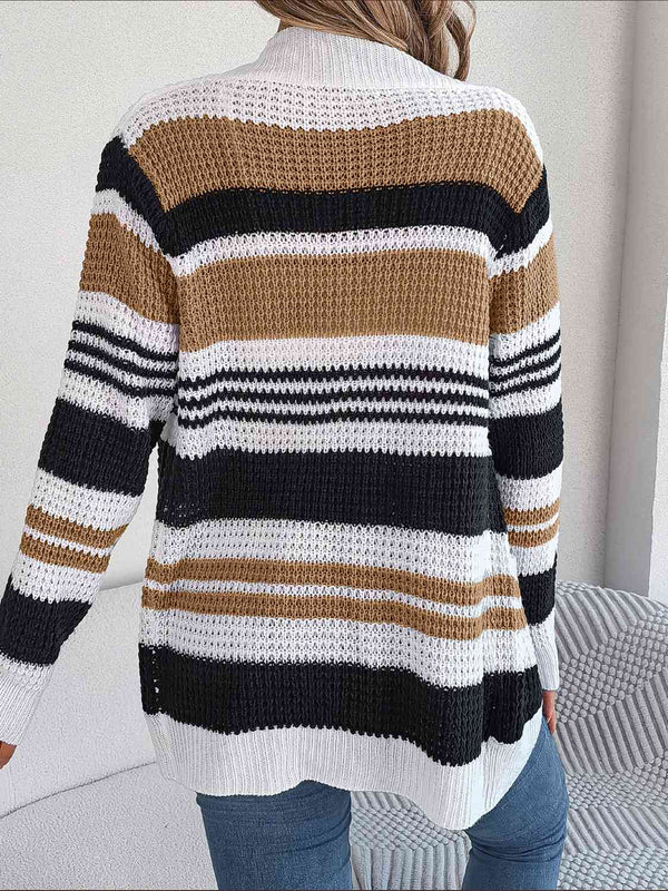 Striped Open Front Long Sleeve Cardigan Bazaarbey