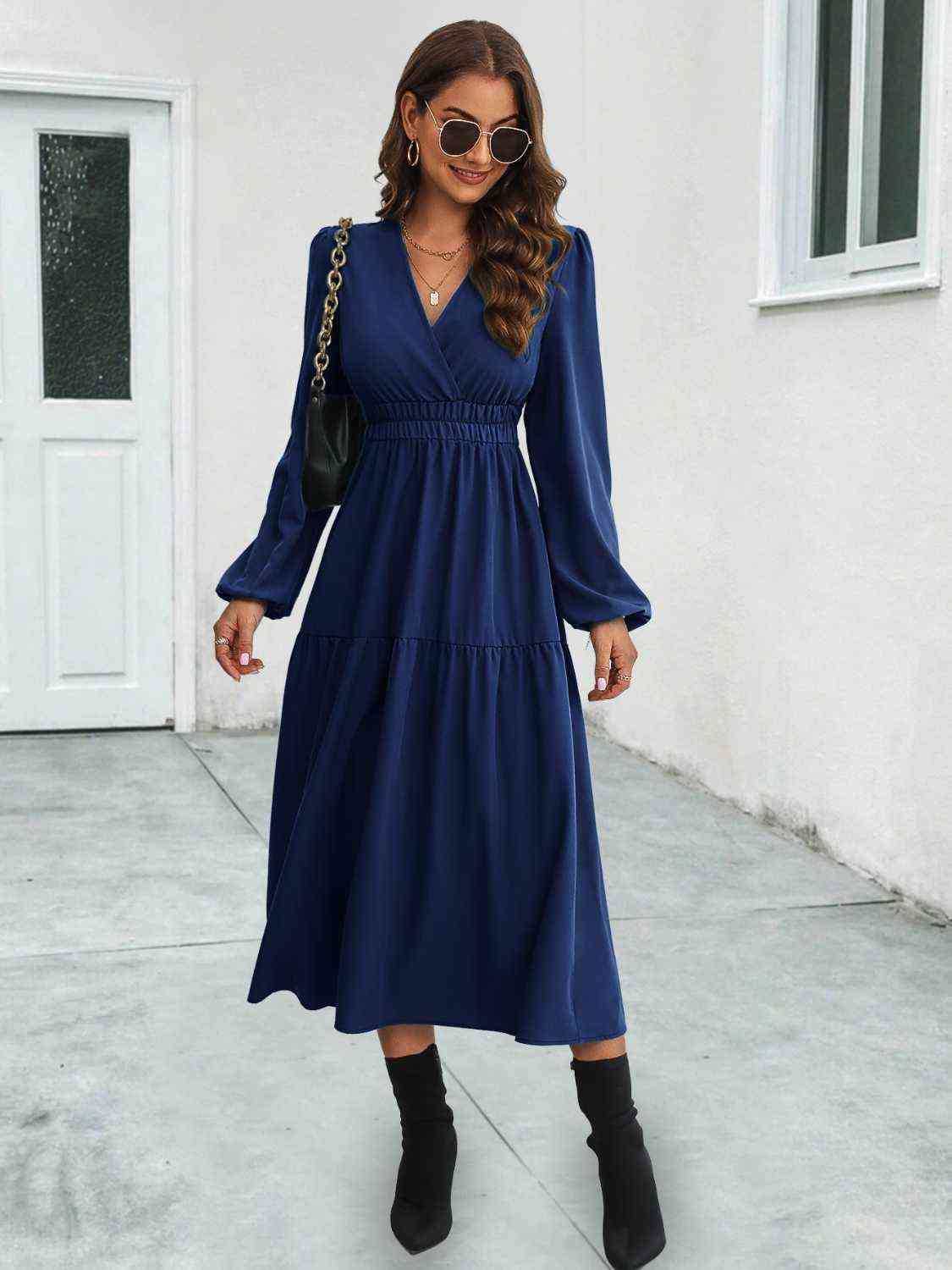  Neck Long Sleeve Midi Dress -BazaarBey - www.shopbazaarbey.com