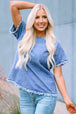 Round Neck Raglan Sleeve Raw Hem Denim Top Bazaarbey
