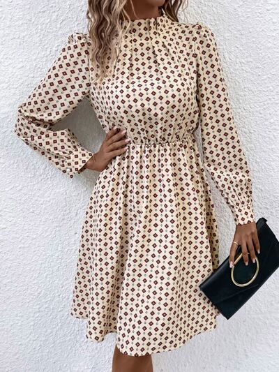 Printed Ruched Mock Neck Long Sleeve Dress -BazaarBey - www.shopbazaarbey.com
