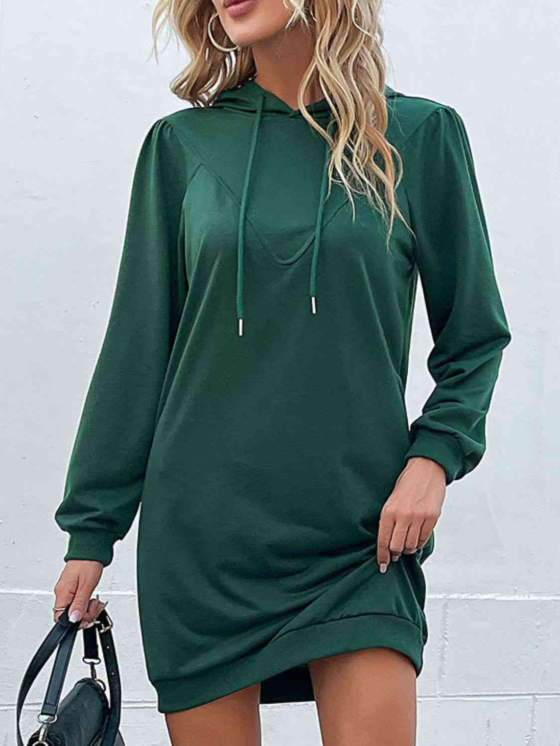Drawstring Puff Sleeve Hooded Dress -BazaarBey - www.shopbazaarbey.com