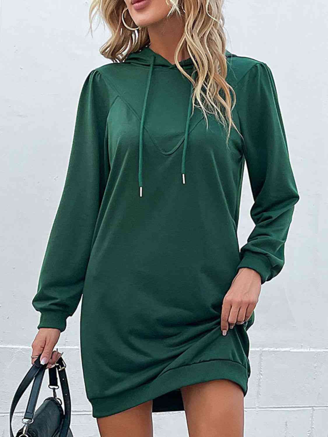 Drawstring Puff Sleeve Hooded Dress -BazaarBey - www.shopbazaarbey.com