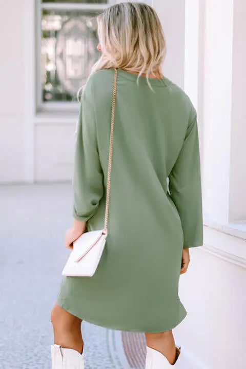 Notched Long Sleeve Dress with Pockets -BazaarBey - www.shopbazaarbey.com