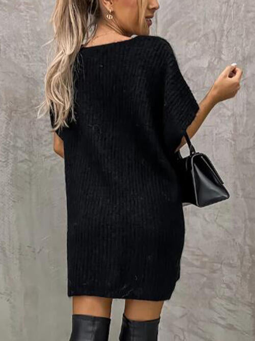 V-Neck Short Sleeve Sweater with Pockets Bazaarbey