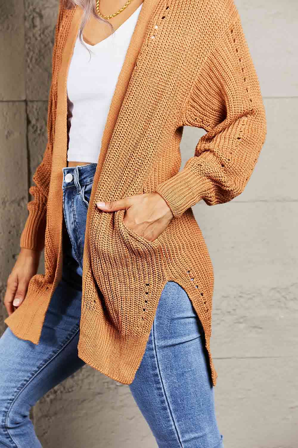  Openwork Rib-Knit Slit Cardigan Trendsi