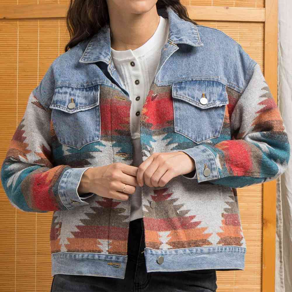 Printed Button Down Denim Shacket Bazaarbey