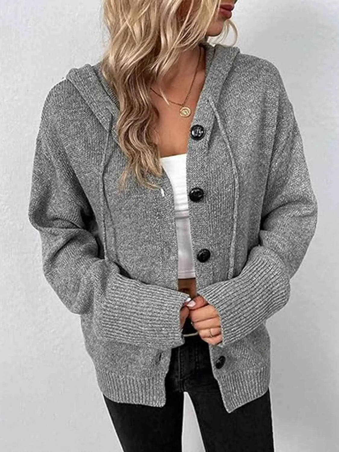 Button Up Drawstring Long Sleeve Hooded Cardigan Bazaarbey