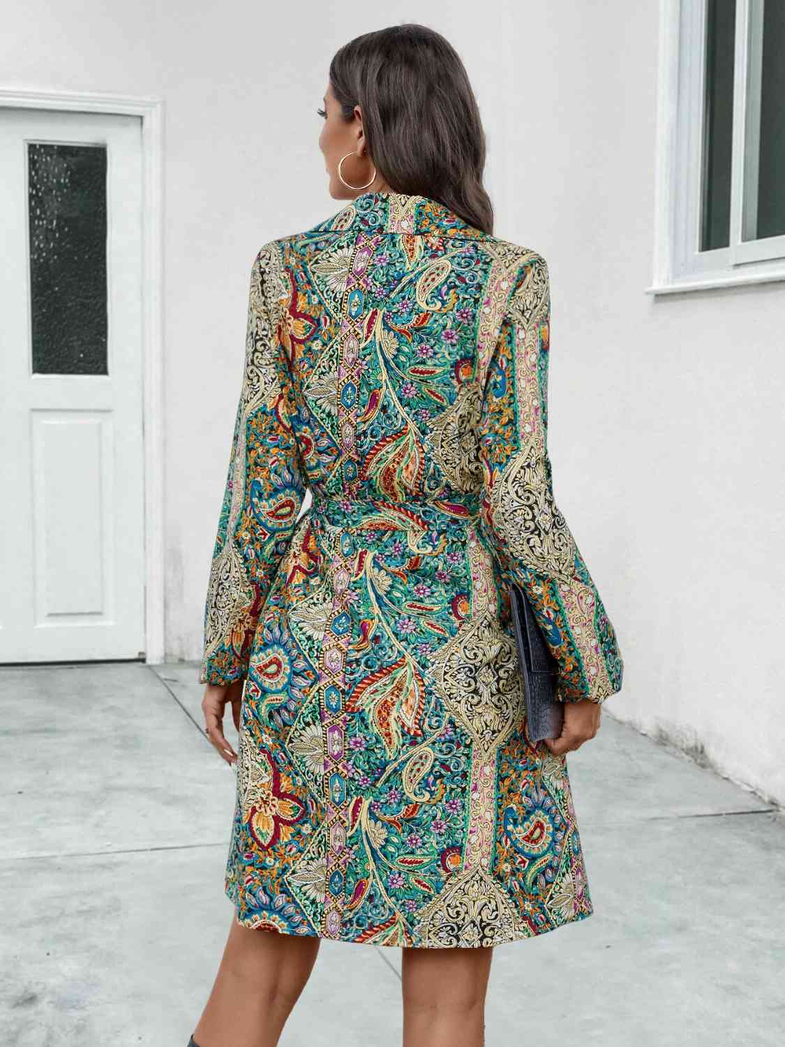 Printed Collared Neck Long Sleeve Dress -BazaarBey - www.shopbazaarbey.com